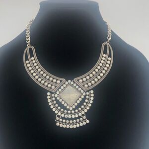 Statement Bib Necklace Silver Tone w/ Rhinestones